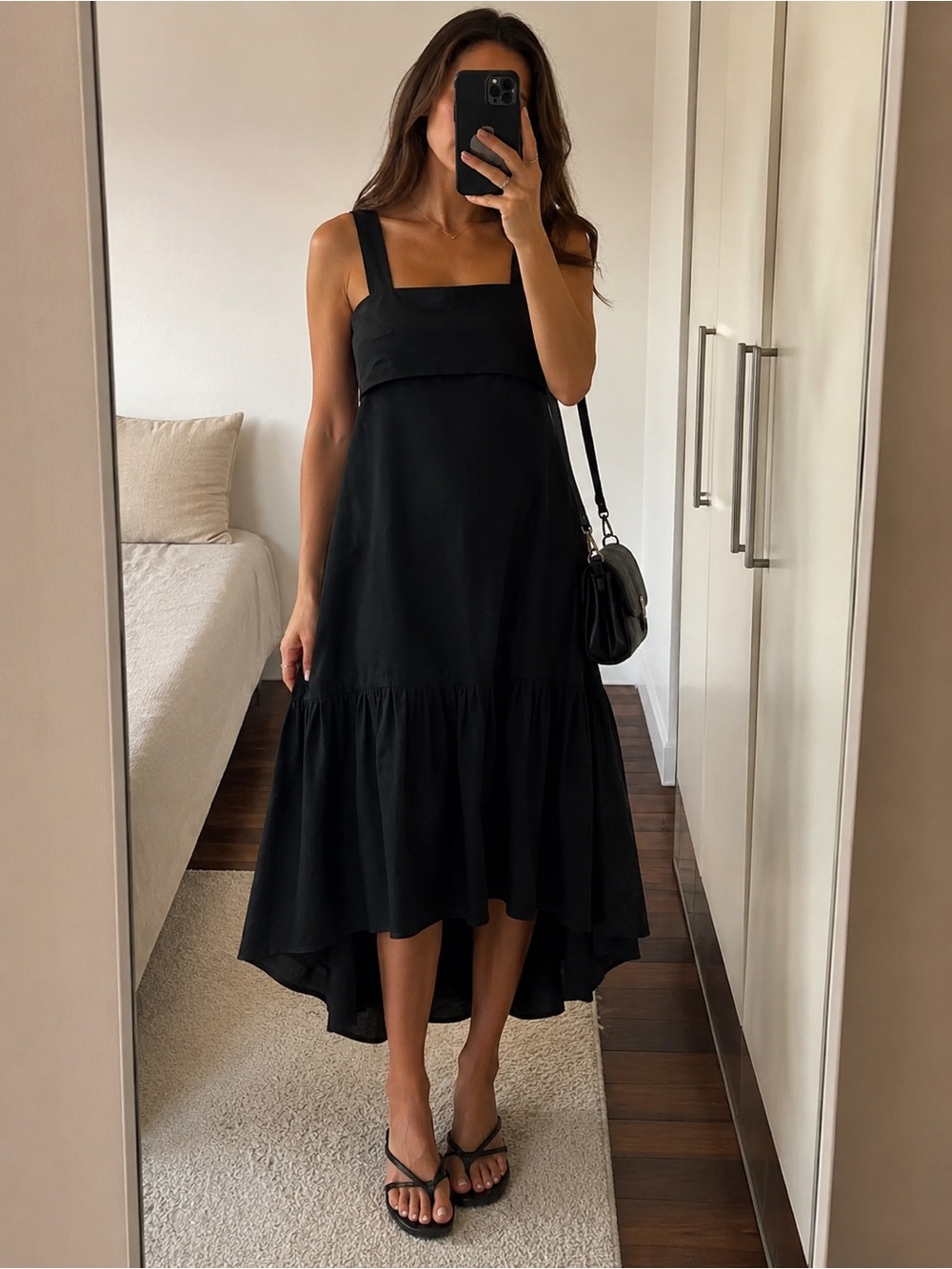 Theory Modern Minimalist Square Neck Sleeveless Drop Waist Midi Dress Black S
